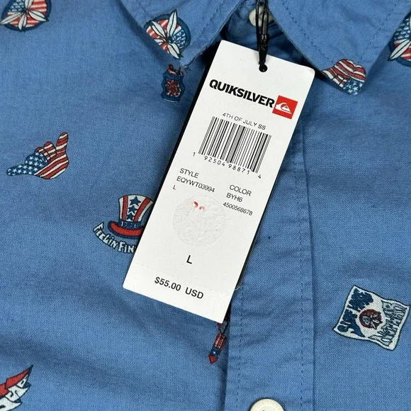 Quiksilver Short Sleeve Shirt Mens L Button Up Blue 4th Of July Patriotic Print - Picture 2 of 7
